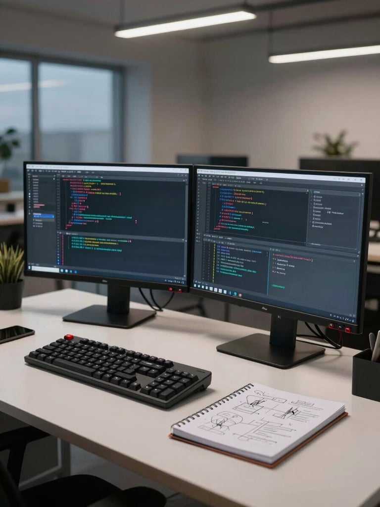 Wide-angle view of a technical workspace at dusk, dual monitors displaying code editor and terminal output, a mechanical keyboard and notebook with hand-drawn diagrams on the desk, cool neutral overhead lighting revealing crisp detail, no people visible