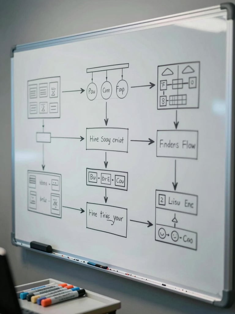 Close overhead shot of a whiteboard covered in hand-drawn system architecture diagrams, dry-erase markers resting in the tray below, cool diffused studio light, no text legible, workspace context visible at edges