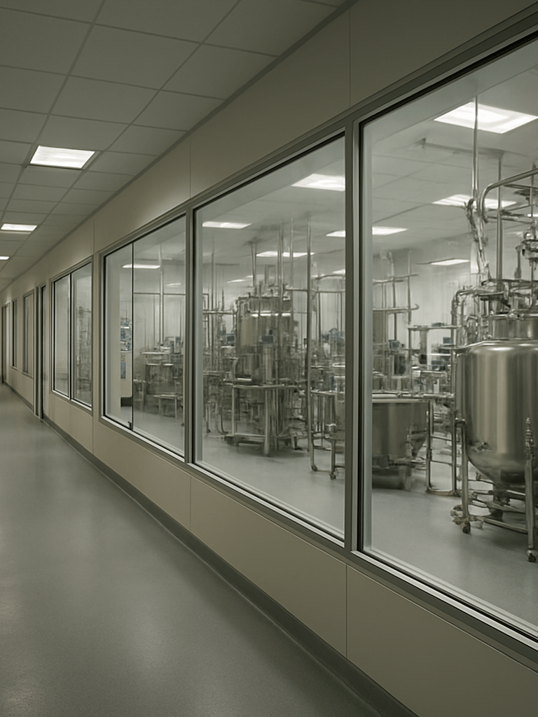 Environmental wide shot of a corporate pharmaceutical facility interior, long corridor with operational rooms visible through glass walls, available overhead light documenting the working infrastructure