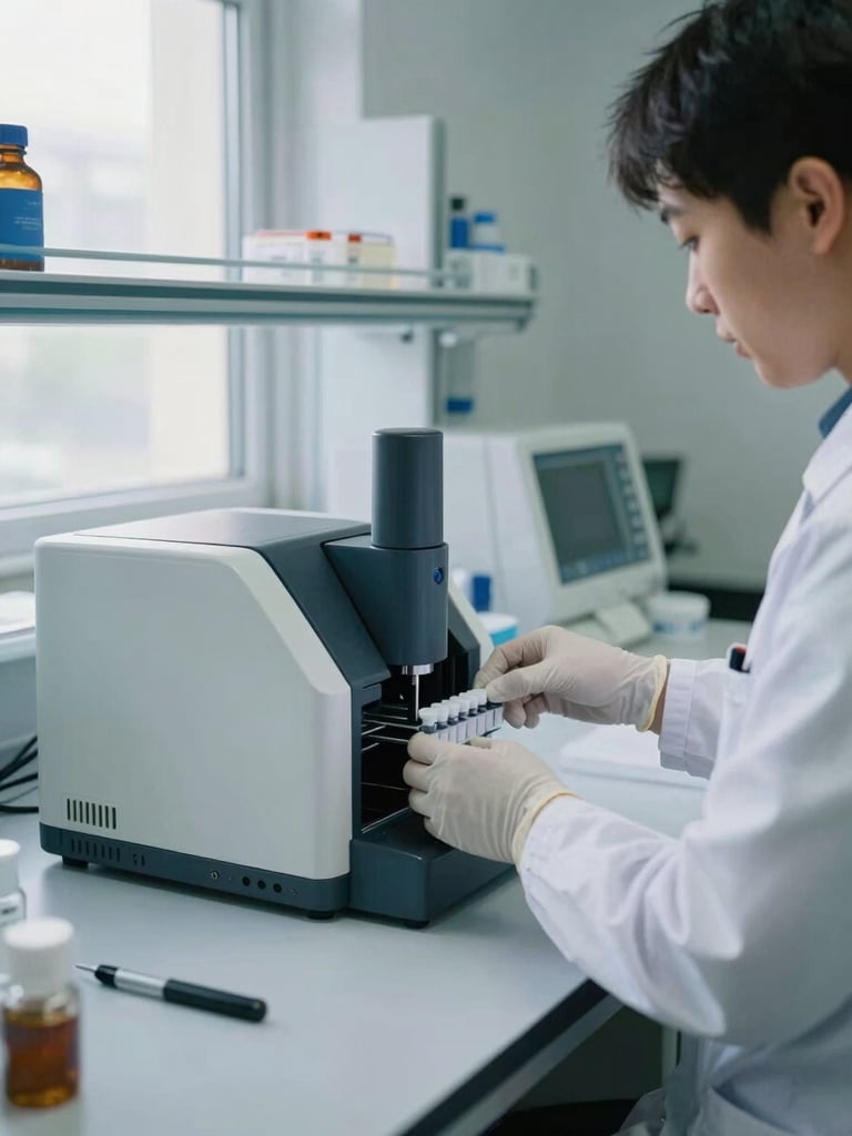 Medium-wide shot of a clinical laboratory bench, a technician's gloved hands loading sample vials into an automated analyzer, natural window light from the left illuminating white lab surfaces and equipment in active use, documentary framing