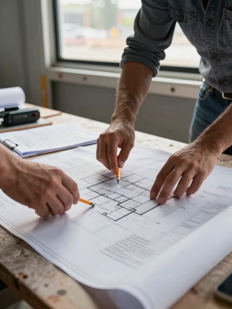 Close medium shot of a construction supervisor's hands spreading architectural blueprints on a site table, permit documentation visible alongside, natural window light from a construction trailer, pencil marks and revision stamps on the drawings