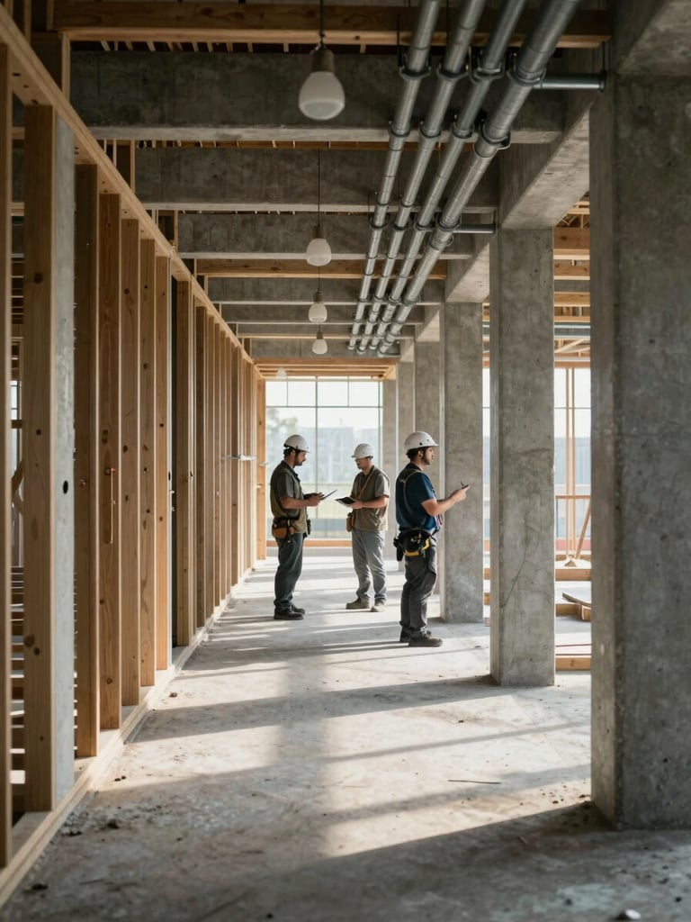 Wide environmental shot inside a healthcare facility under construction, workers reviewing structural framing in a clinical corridor, overhead work lights casting practical shadows, concrete columns and conduit runs visible mid-installation, no finished surfaces yet