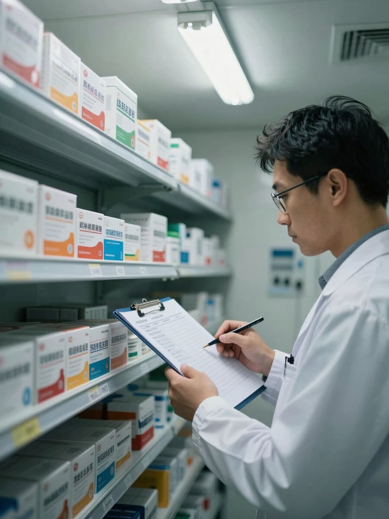 Close environmental shot inside a pharmaceutical cold-storage room, shelving units lined with labeled medication cartons, a technician in a white coat checking a clipboard against inventory labels under cool fluorescent overhead light, hands and labels in focus, documentary framing