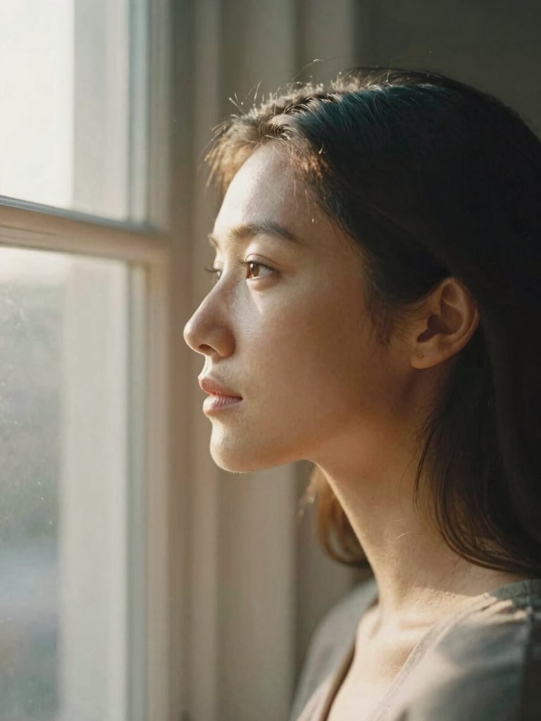 A profile portrait of a warm, thoughtful woman looking out a window with soft afternoon sun, natural lighting, muted sage and gold tones, 35mm film texture.