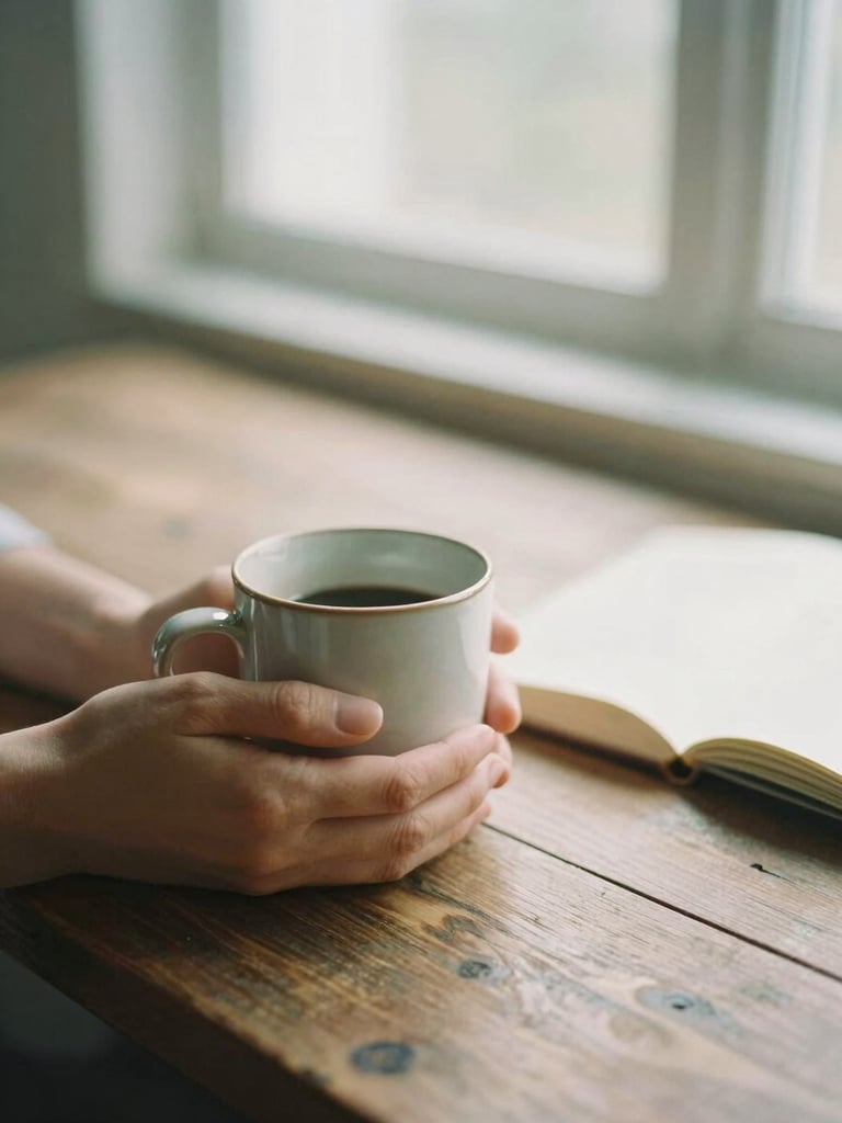 Medium close-up of hands holding a warm ceramic mug on a rustic wooden table next to an open journal, soft morning window light, shallow depth of field, 35mm film texture