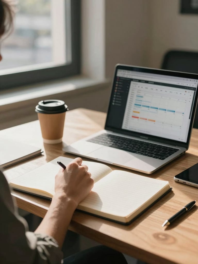 Close environmental shot inside a small agency studio — a planner's hand resting on an open notebook beside a laptop showing a content calendar, a takeaway coffee cup nearby, warm north-facing window light casting soft shadows across the table, no faces visible, documentary framing