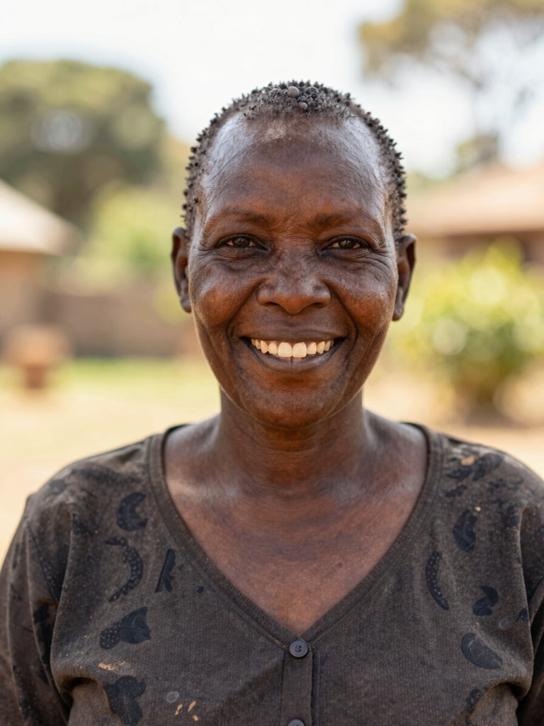 Dignified close-up portrait of a South African community partner smiling warmly in a bright outdoor garden, soft natural daylight, shallow depth of field, 35mm