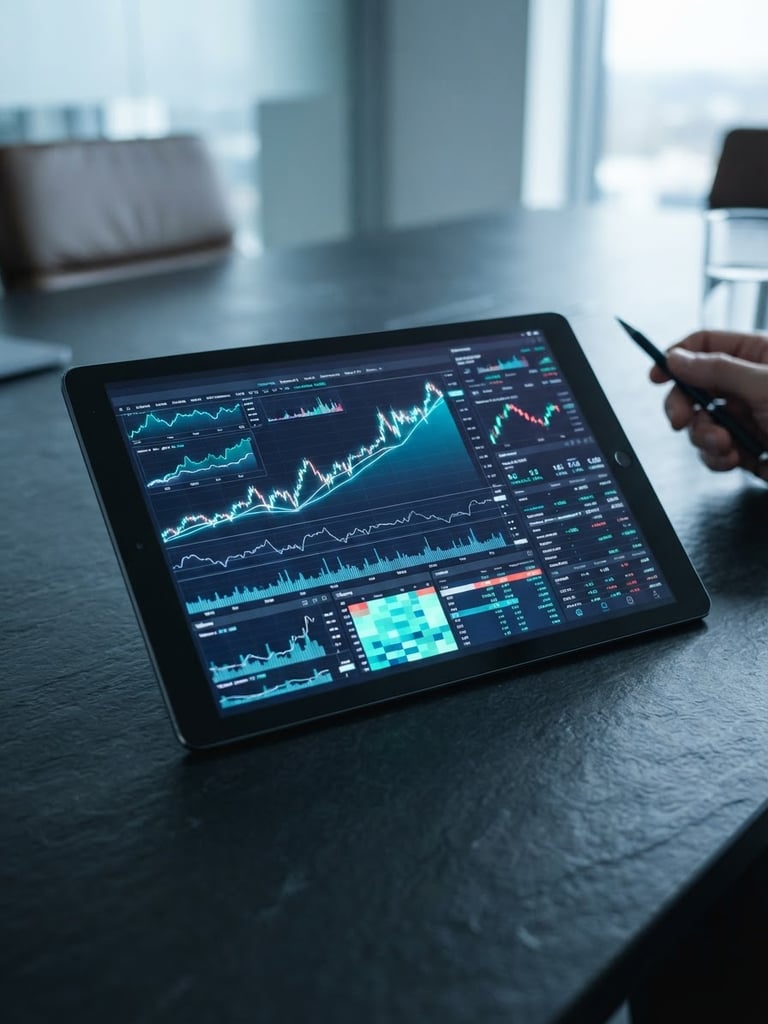 A close-up of a modern tablet displaying clean financial charts and active data streams on a dark boardroom table, cool office daylight, sharp focus