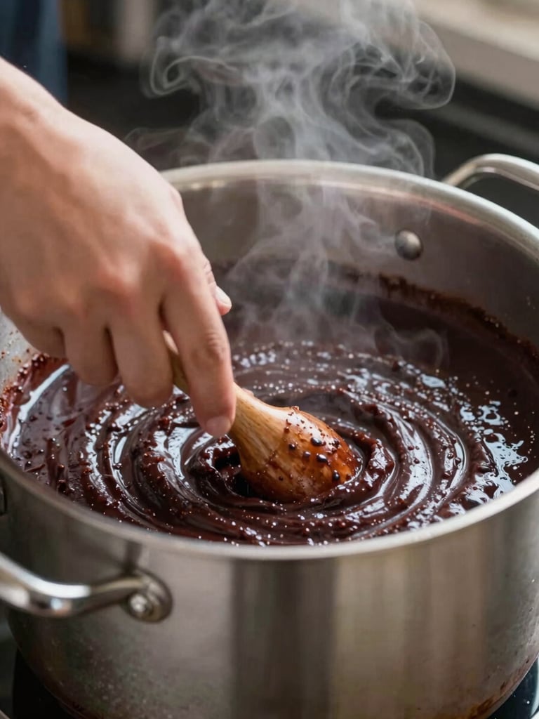Close-up of hands stirring a rich, dark mahogany roux in a large stainless steel pot, steam rising, warm work-lights.