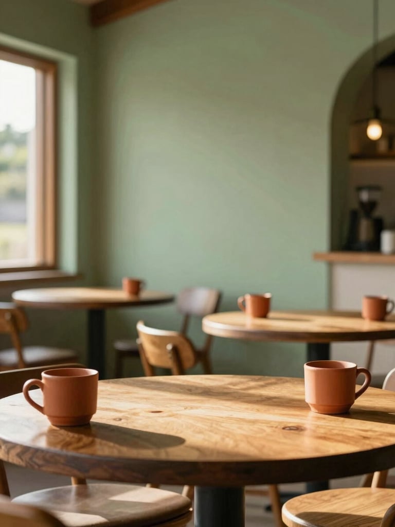 Warm editorial interior photography of a cozy rustic-modern tea house in Minas Gerais, soft sage green walls, warm wooden tables, terracotta mugs, soft natural sunlight streaming through a window, peaceful atmosphere
