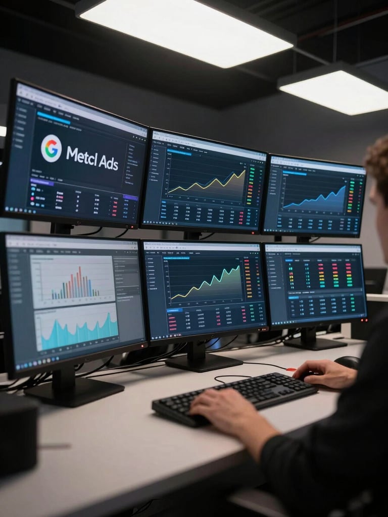 Wide environmental shot of a digital studio workstation, multiple monitors displaying live Google Ads and Meta campaign dashboards with growth curves and ROAS metrics glowing on dark screens, overhead documentary lighting emphasising screen glow, no people visible