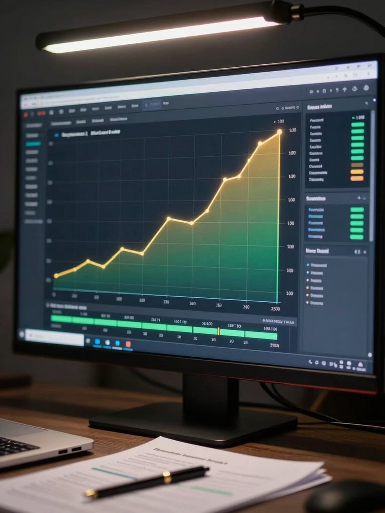 Close-up of a widescreen analytics dashboard on a dark monitor, glowing gold-green growth curves and attribution funnels, studio overhead lighting, screen glow as primary light source, laptop and strategy documents in foreground