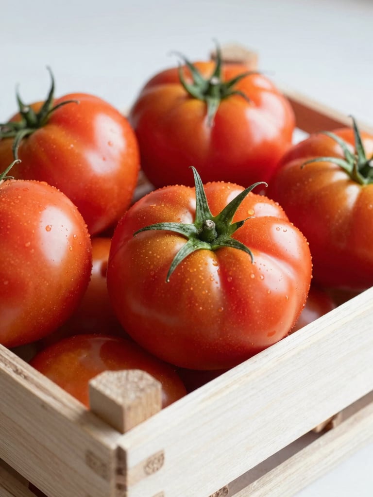 Close-up of fresh, vibrant heirloom tomatoes in a hand-selected wooden crate, soft morning side-lighting, shallow depth of field, 50mm lens.