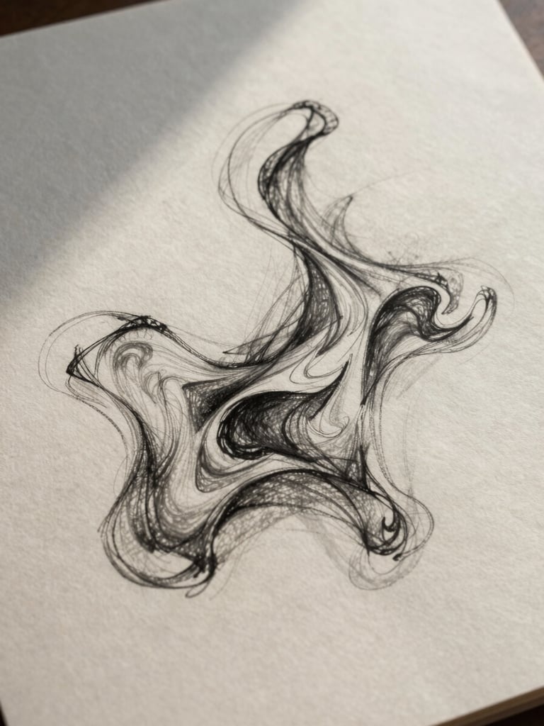 An elegant, abstract charcoal sketch of organic, flowing linework on heavy textured paper, soft shadows, low-contrast natural light