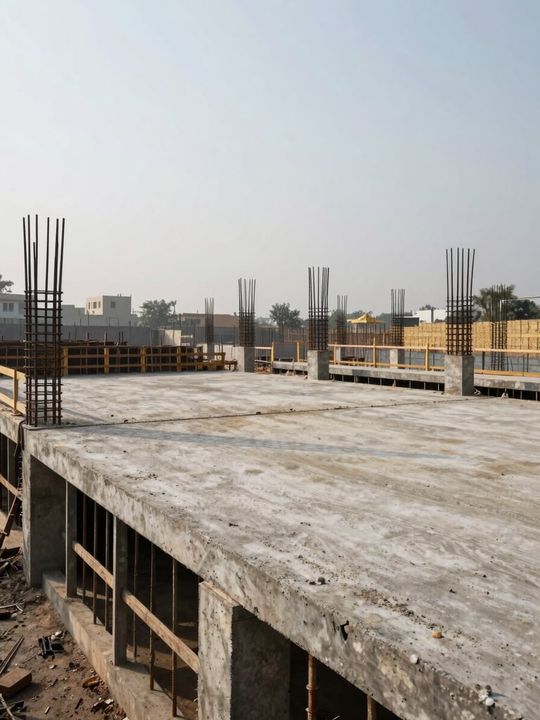 Wide environmental shot of an active Jaipur construction site, concrete floor slab and exposed rebar columns in mid-frame, overcast diffuse daylight revealing material texture, adjacent urban context visible on the left edge, generous negative space in upper sky