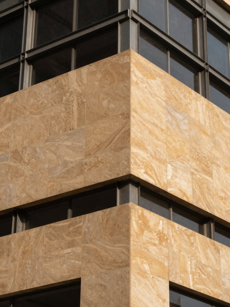 Close-up architectural elevation view of a completed Jaipur commercial building exterior — warm sandstone cladding meeting structural steel frame, north-facing soft daylight, sharp corner termination detail visible, no people