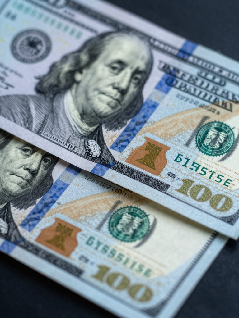 Macro detail shot of crisp physical one hundred US dollar bills being counted under cool-toned studio lighting, sharp high-contrast shadows, deep blue and silver tones.
