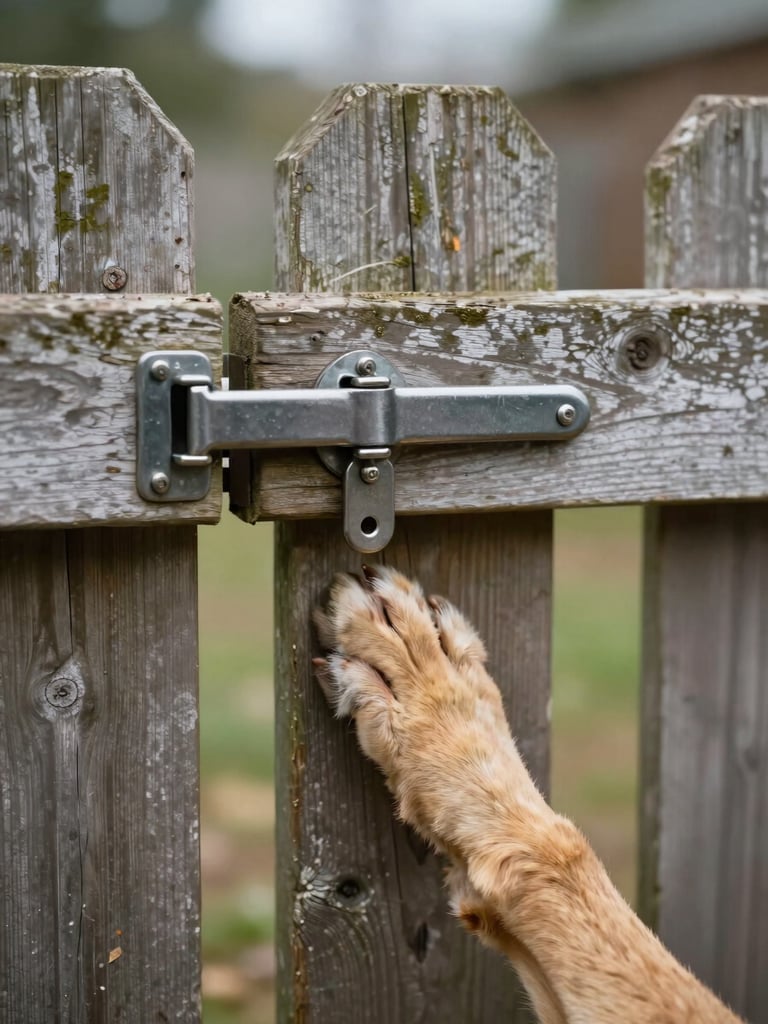 Close-up environmental shot of a wooden backyard gate latch with a large dog's paw pressed against the lower slat, natural diffused daylight, weathered fence boards in soft focus behind, earthy tones