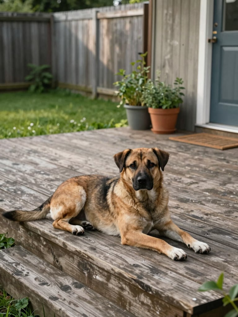 Wide environmental shot, natural diffused daylight, a medium-sized dog resting on a weathered wooden deck in a fenced backyard, lush grass visible beyond the fence boards, potted herbs near the door, calm afternoon light casting soft shadows