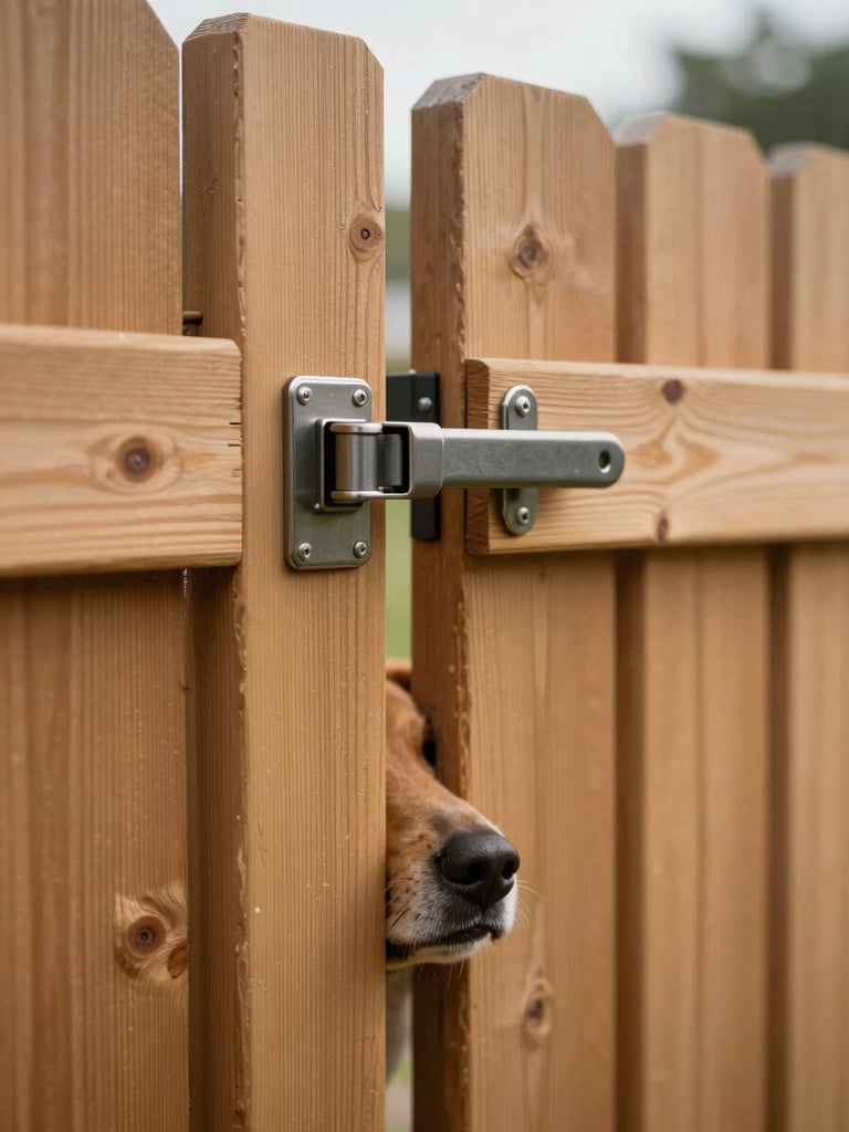Close environmental shot of a home's side gate and wooden fence detail, a dog's snout poking through a gap at the bottom, natural diffused morning light, warm cedar tones, shallow focus on the latch hardware in the foreground