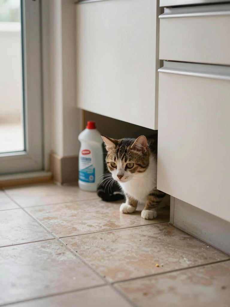 Close environmental shot of a kitchen floor corner, a cat investigating the gap under a cabinet where cleaning supplies are stored, natural window light from the left, worn tile grout visible, lived-in setting