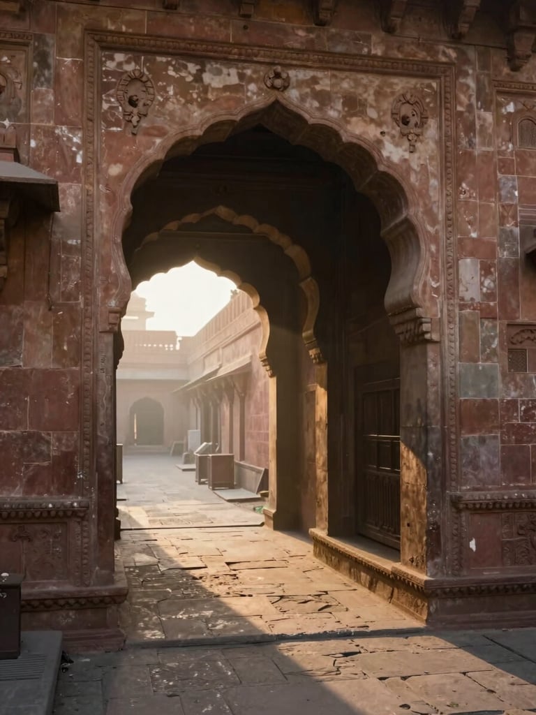 Narrow stone-paved lane at dawn in an old Indian city, carved sandstone archway framing deep shadow and a sliver of warm morning light beyond, no people, stillness and architectural texture
