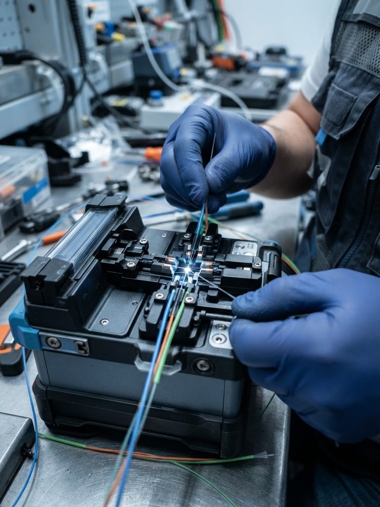 Macro close-up of a technician performing precision fiber-optic splicing under bright, cool-toned daylight, technical details of glass cores visible