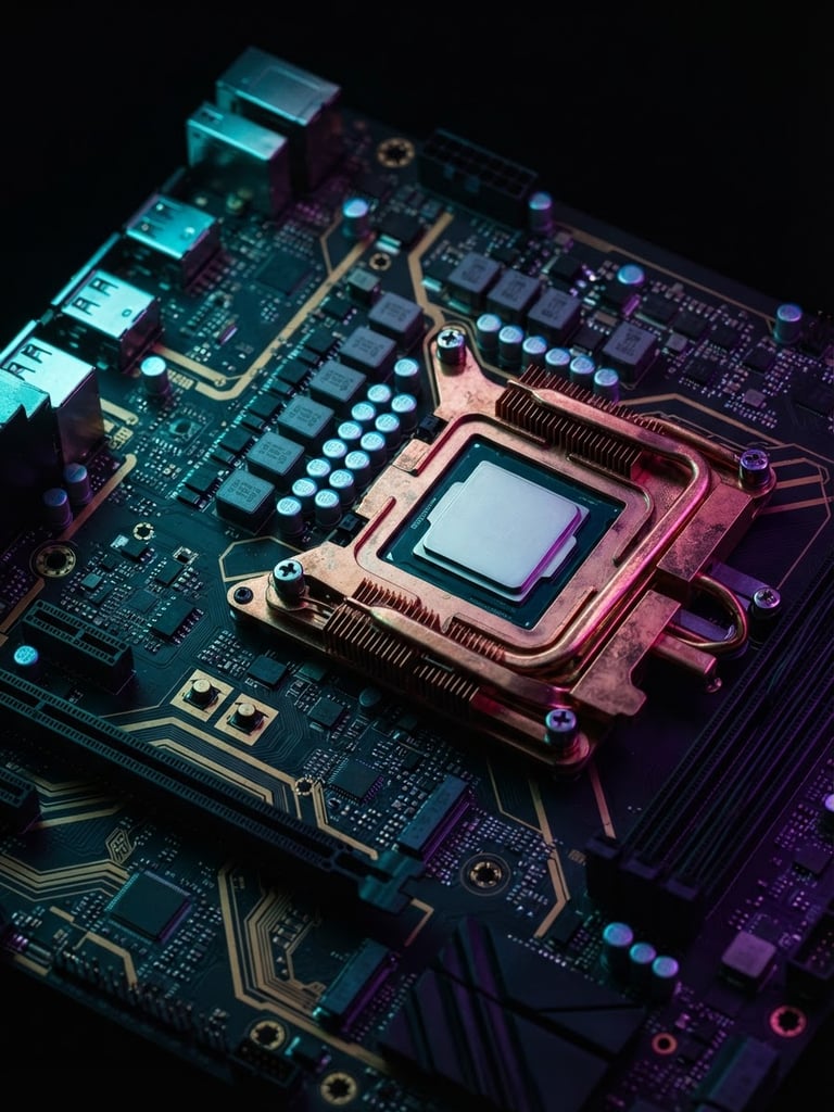 Extreme close-up of a high-power circuit board with copper heat sinks, illuminated by sharp cyan and deep purple rim lights, macro lens, dark studio background.