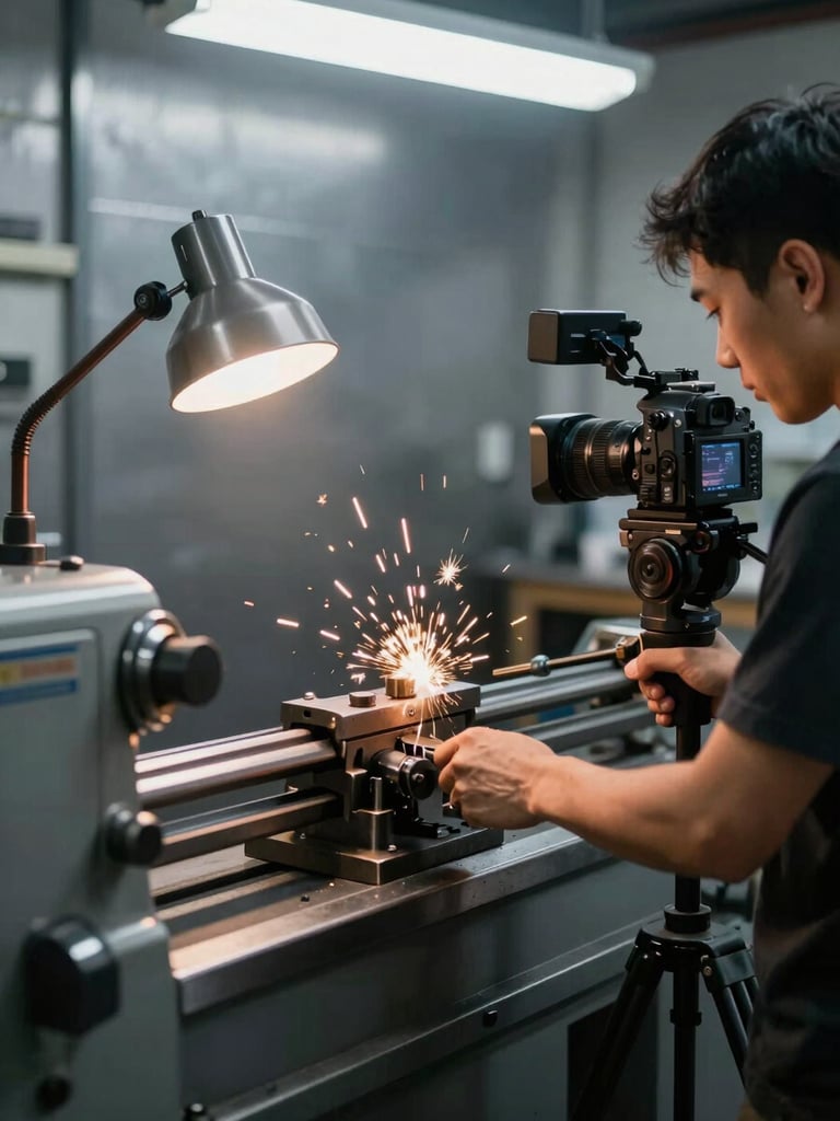 Behind-the-scenes setup of a YouTube video shoot in a metalworking shop, a camera on a tripod focusing on a lathe operator, warm work lamps, cool metallic background