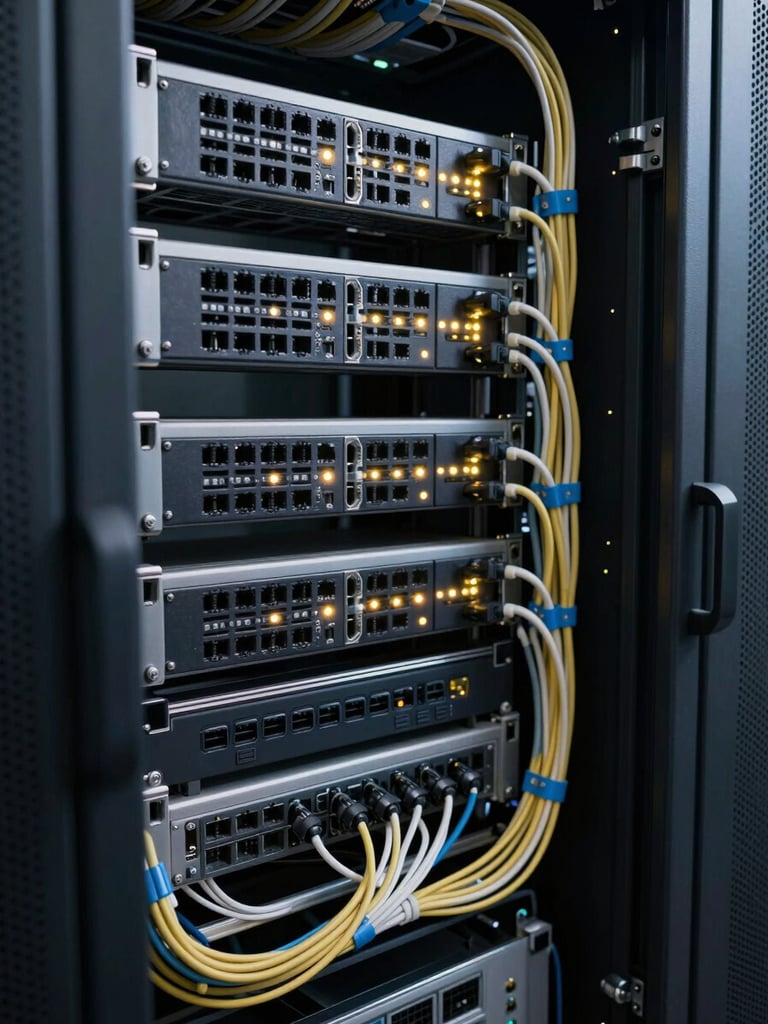 Close-up wide shot of a server rack interior, dense cable runs and blinking status LEDs, cool flat overhead technical lighting, shallow depth of field on the port panel, no people