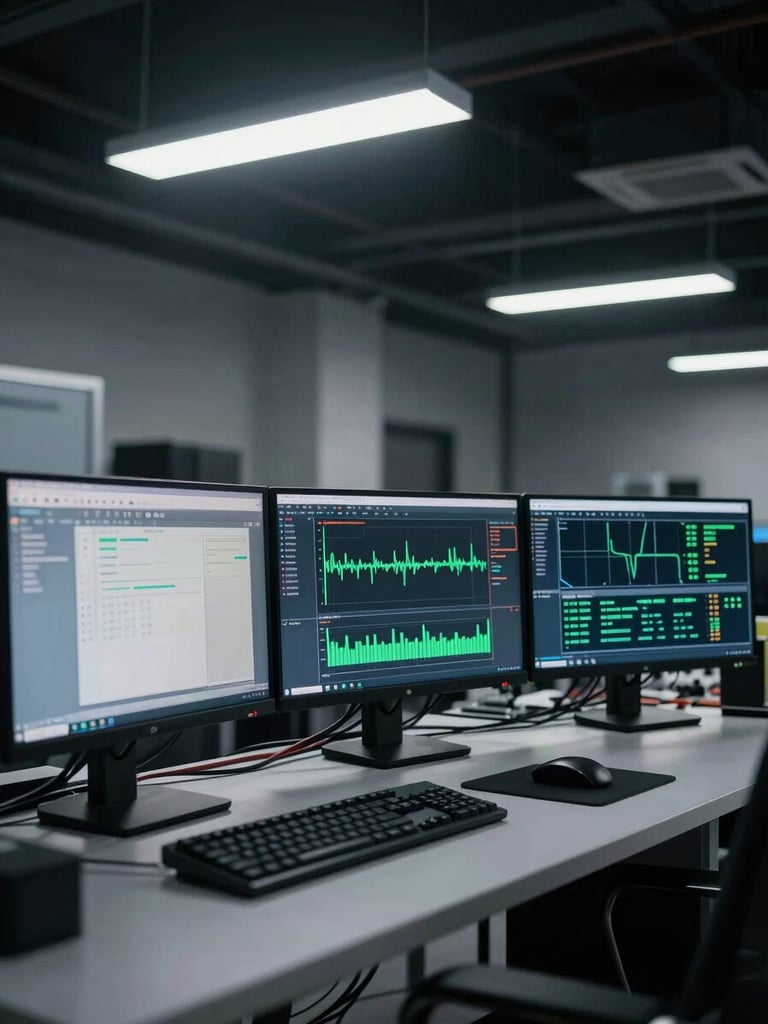 Wide shot of a dark engineering workspace, three monitors showing terminal logs and a live dashboard with green data lines, cool flat overhead lighting, keyboard and cables visible at desk edge, no human present