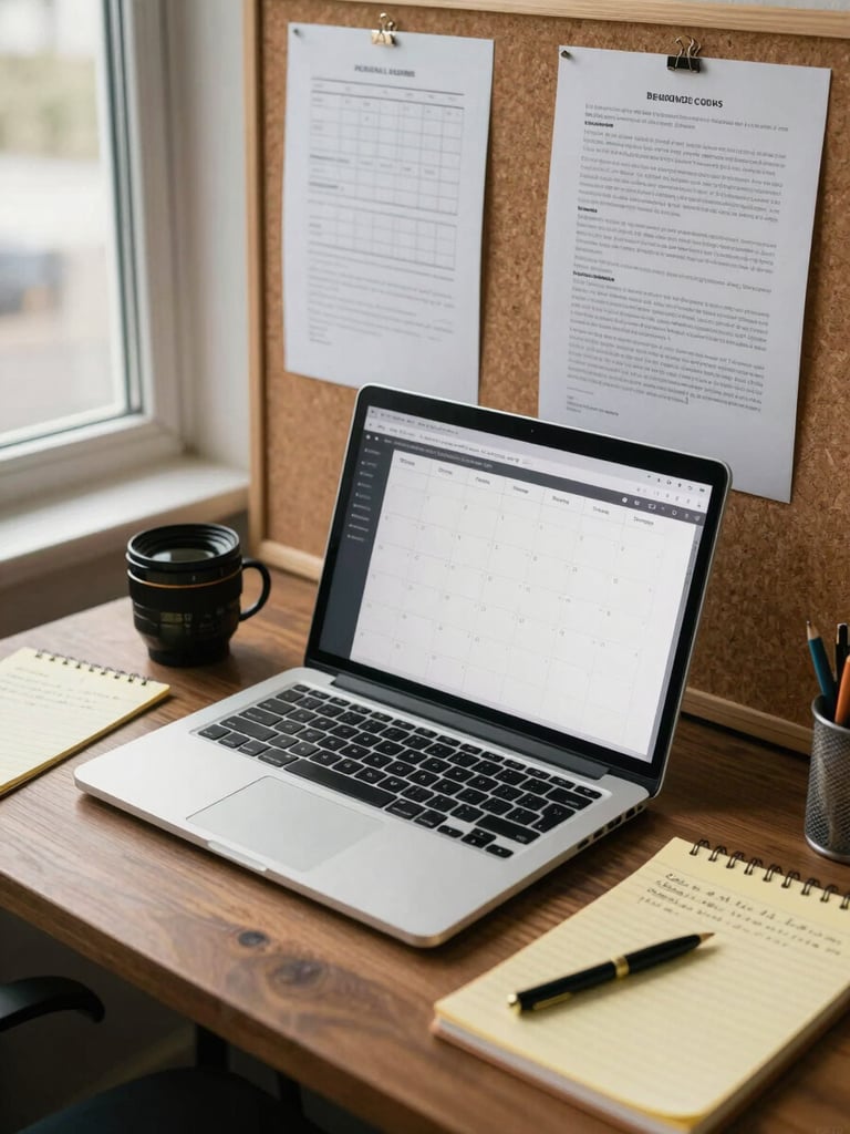 Close overhead shot of an agency workspace — a laptop open to a draft content calendar, printed mockups pinned to a cork board, handwritten notes on a yellow legal pad, warm daylight from a window to the left