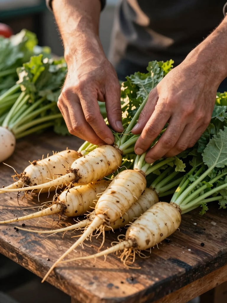 Close-up of hands arranging fresh vegetables on a worn wooden market table, golden hour light from the left, dirt still visible on the root vegetables, no staging or props