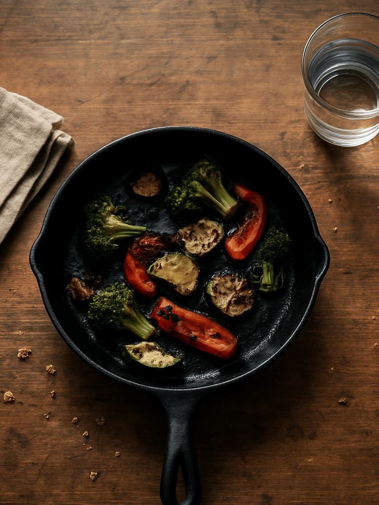 Close overhead shot of a worn wooden restaurant table mid-service, a cast-iron skillet resting on the surface with charred vegetables, natural north-facing light, no people, evidence of real use — bread crumbs, a folded linen napkin, a half-filled water glass