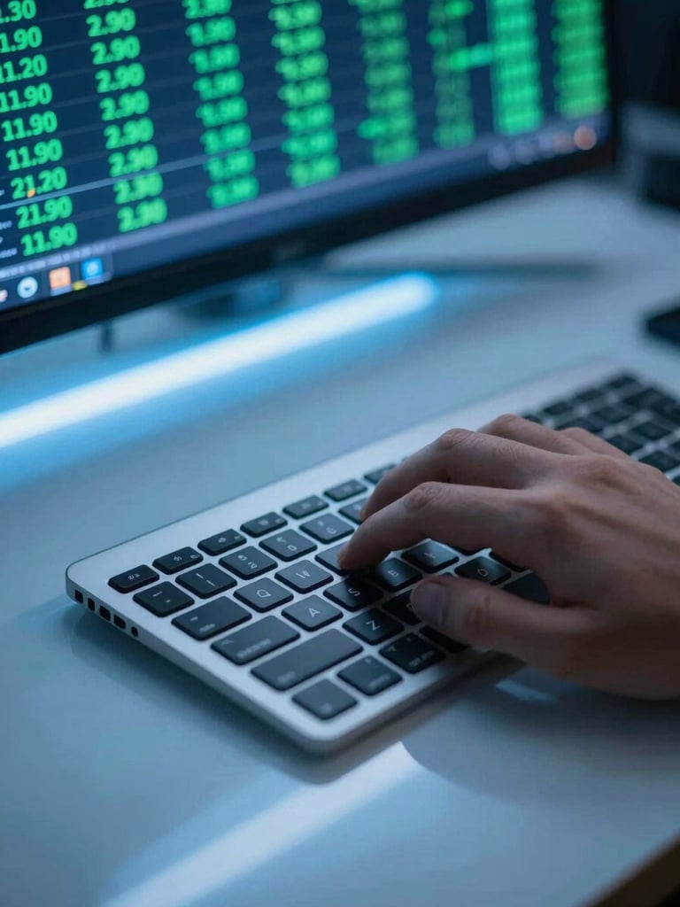 Close overhead shot of a hand poised over a keyboard, trading screen reflected on the desk surface, green ticker numbers visible in the background, cool blue fluorescent light