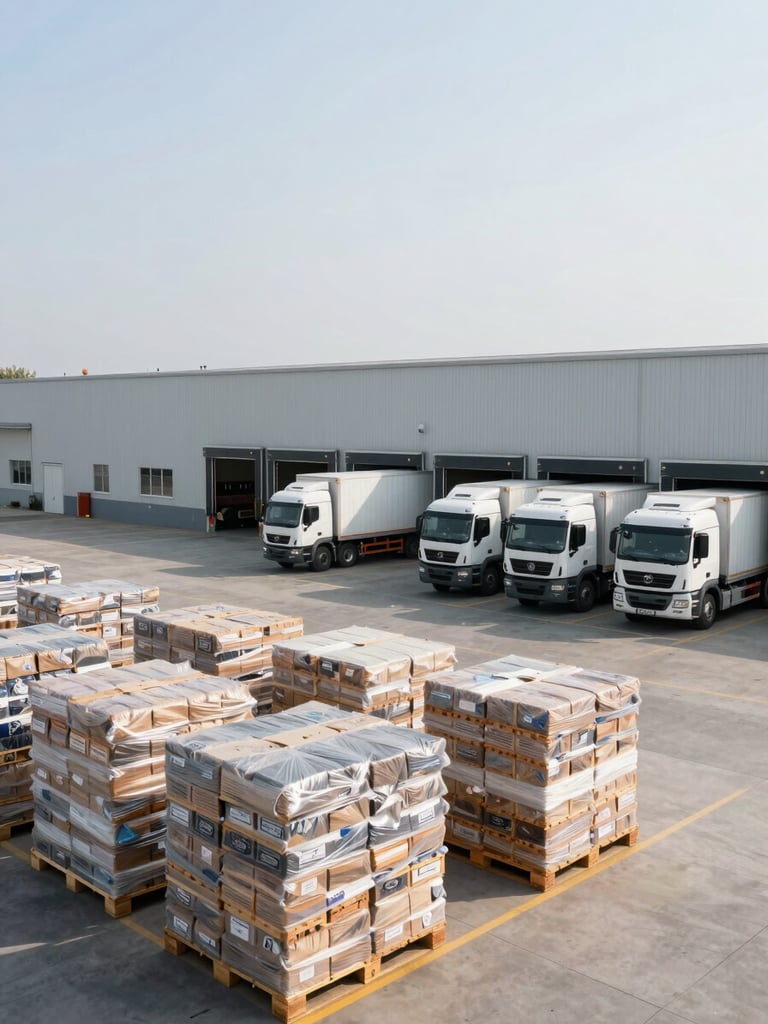 Wide panoramic view of a large commercial loading dock at full operational scale, three freight trucks backed into bay doors on the right third, organized stacks of palletized packaged goods filling the foreground, bright even functional warehouse lighting, no people