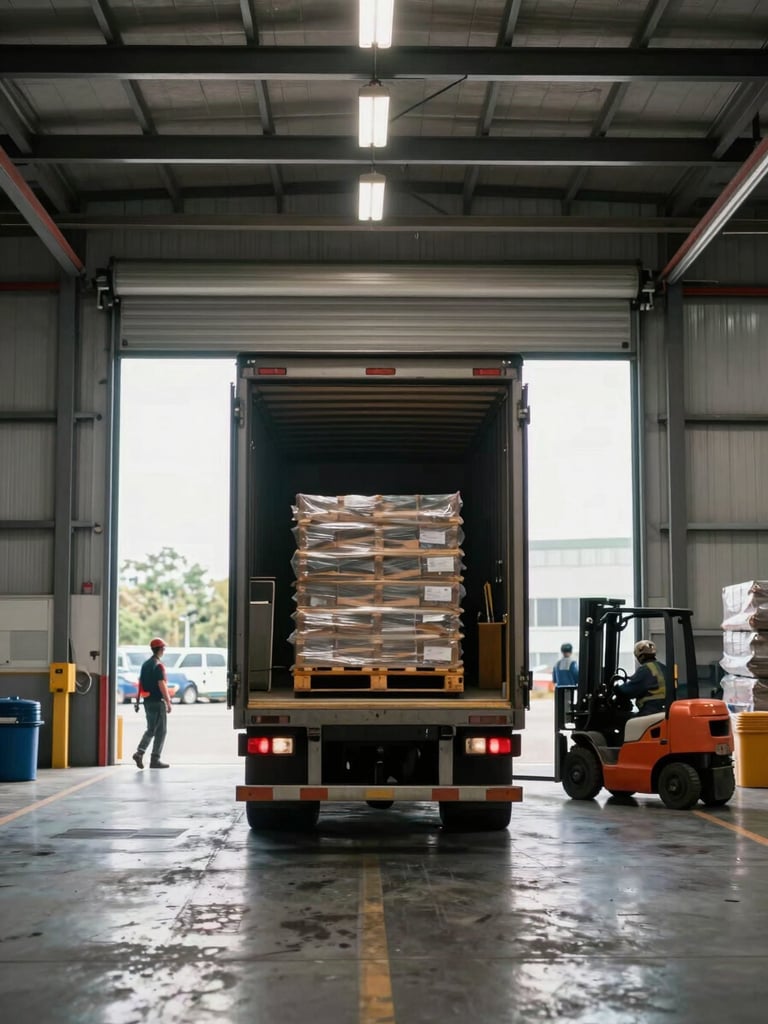 Tall portrait view from inside a large-scale warehouse loading bay — a delivery truck backed up to a raised dock with the rear doors open, warehouse workers loading pallets via forklift in the background, bright dock lighting mixing with natural daylight from the open bay door, industrial scale and operational efficiency evident, no people faces visible, wide vertical composition emphasizing the height of the loading bay and depth of warehouse behind