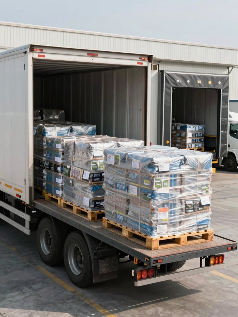 Wide panoramic view of a freight truck at a warehouse loading dock, dock doors open, pallets of packaged goods loaded on the truck bed under daylight, organized fulfillment operation visible in background, no people, clean and efficient