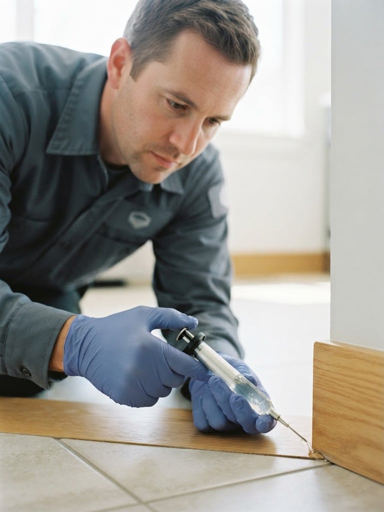 Close-up of a professional technician in a clean uniform applying clinical gel treatment to a structural crevice, bright clean indoor lighting, sharp focus