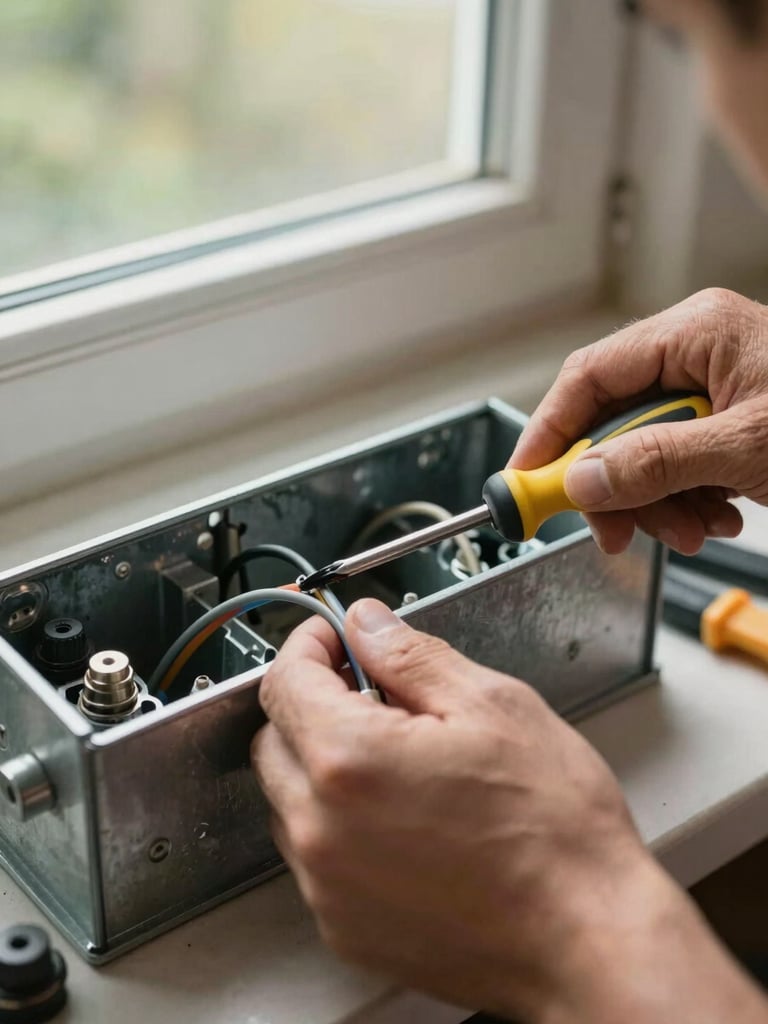 Tight detail shot of a contractor's hands connecting two wires inside a metal junction box, screwdriver in frame, natural job-site daylight from a nearby window