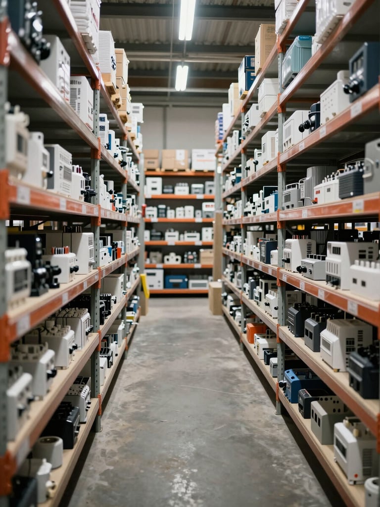 Wide shot of warehouse shelving aisle in natural daylight, rows of clearly labeled electrical components and conduit fittings filling deep shelves, concrete floor visible, no people, industrial functional atmosphere
