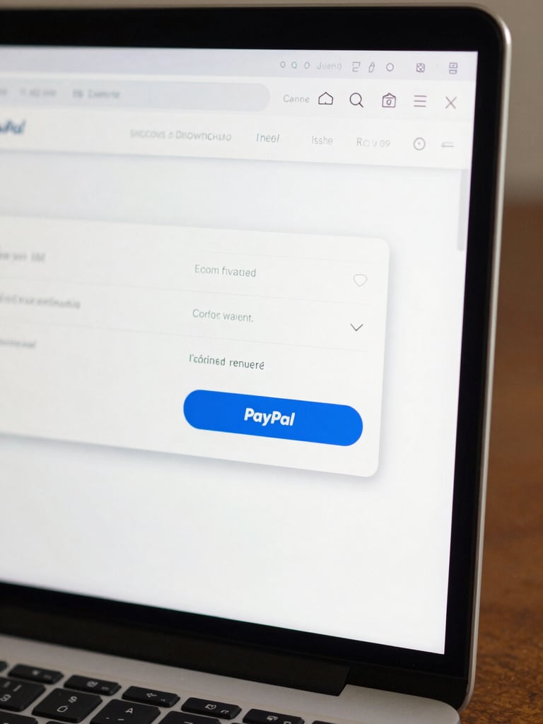 Close-up of a laptop screen displaying a clean website checkout interface with a PayPal payment button, bright even studio lighting, sharp UI detail visible, product-first framing