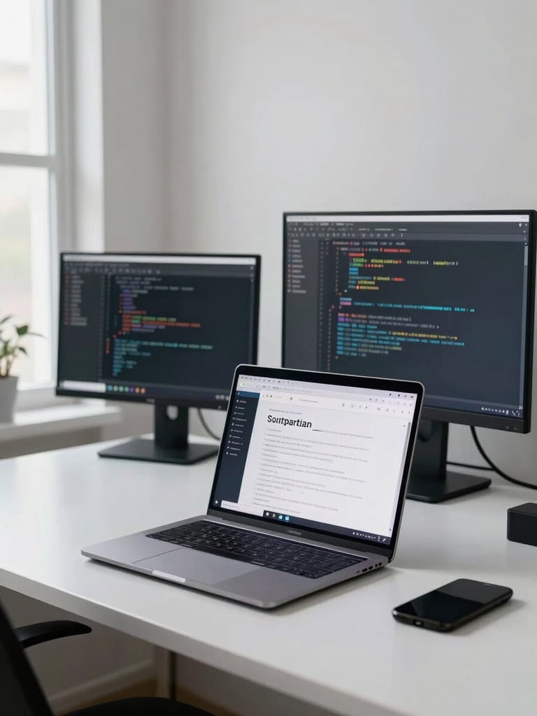 Wide shot of a developer's clean desk workspace, a laptop open showing a website interface, a secondary monitor with code, soft daylight from a window to the left, neutral white walls, tidy cable management, no people visible — product-focused and professional