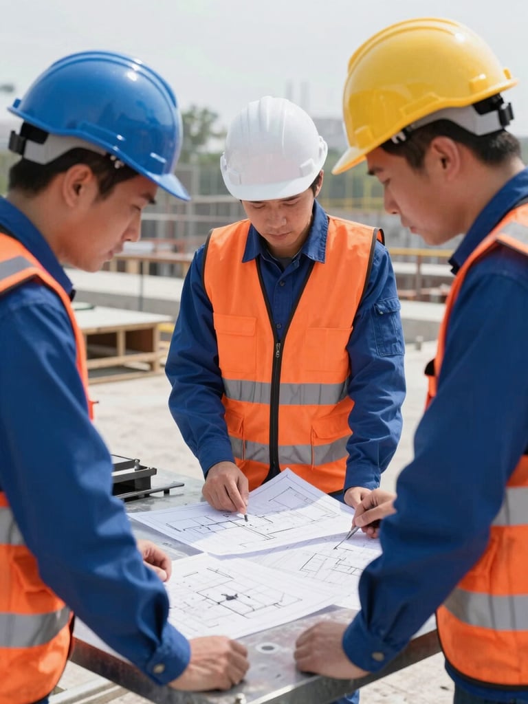 On-site engineers reviewing stamped technical blueprints on a steel table, bright natural construction light, sharp detail, 35mm lens