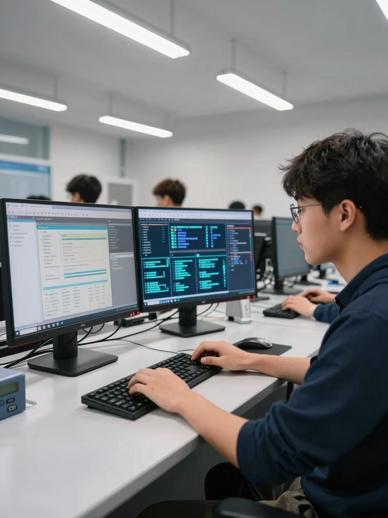 Wide-angle shot of a focused student seated at a workstation in a professional training lab, hands on keyboard, dual monitors displaying a live IT audit dashboard with GRC platform controls and security event logs glowing in blue and teal, overhead fluorescent lighting casting sharp focus on the screen and desk surface, other students visible working in the background