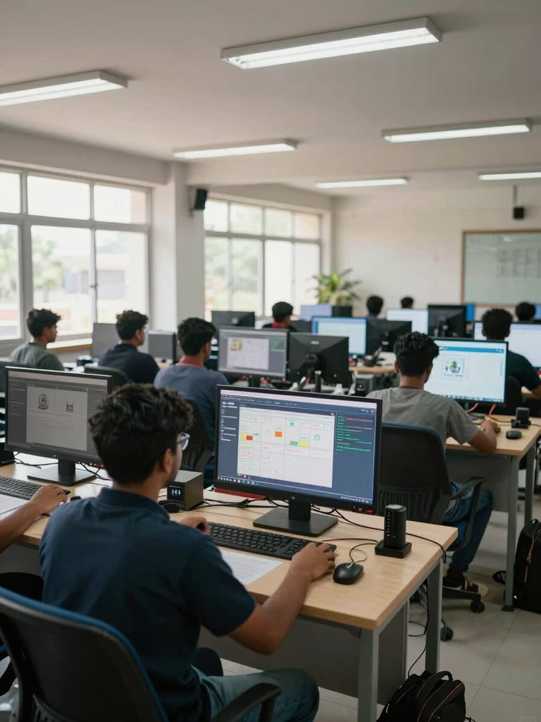 Wide shot of an active training room interior in Hyderabad, students seated at workstations with large monitors showing security dashboards, bright daylight from side windows, focused atmosphere, no one looking at the camera, overhead fluorescent and natural light mix