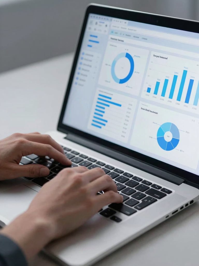 Close-up of hands typing on a modern laptop with clean analytical dashboards, cool studio lighting with subtle electric blue accents, sharp focus