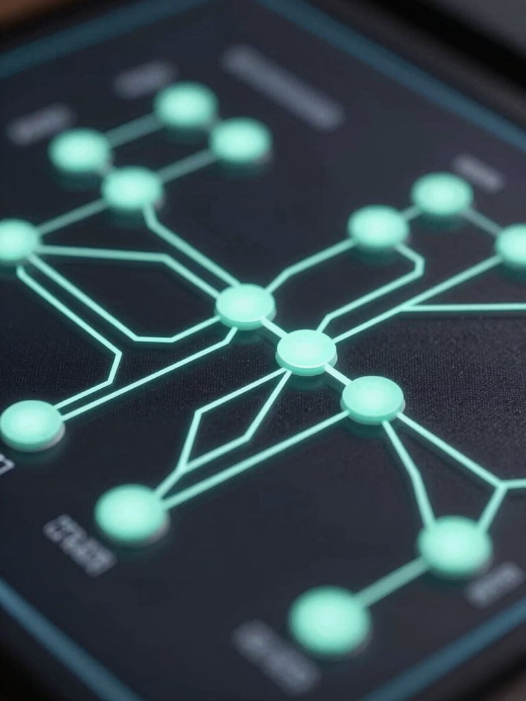 Macro close-up of a complex game economy system architecture diagram on a dark screen, glowing electric mint lines and nodes, shallow depth of field.