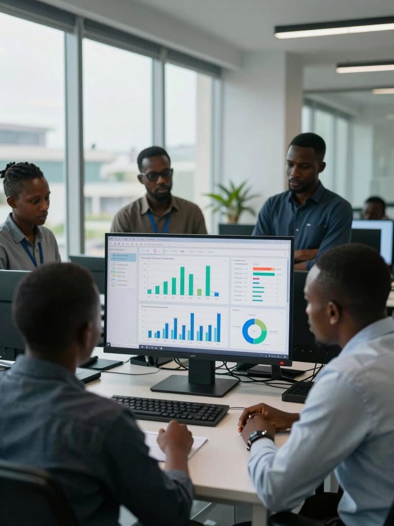Wide-angle view inside a modern Abidjan office, an Ivorian team gathered around a large monitor displaying a Power BI dashboard with KPI charts, natural office daylight from left-side windows, cool color temperature, focus on the screen and attentive faces