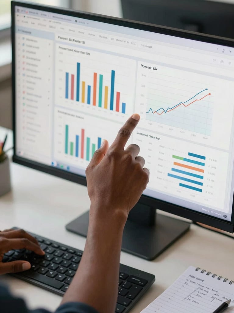 Close-up overhead view of an Ivorian consultant's hands pointing at a large monitor showing a Power BI KPI dashboard with bar charts and trend lines, a notebook with data annotations beside the keyboard, cool office daylight, sharp documentary framing with the screen filling most of the frame